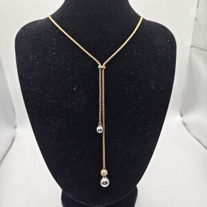 Michael Kors Elegant Rose Gold Drop Necklace Gray Pearls Rhinestones